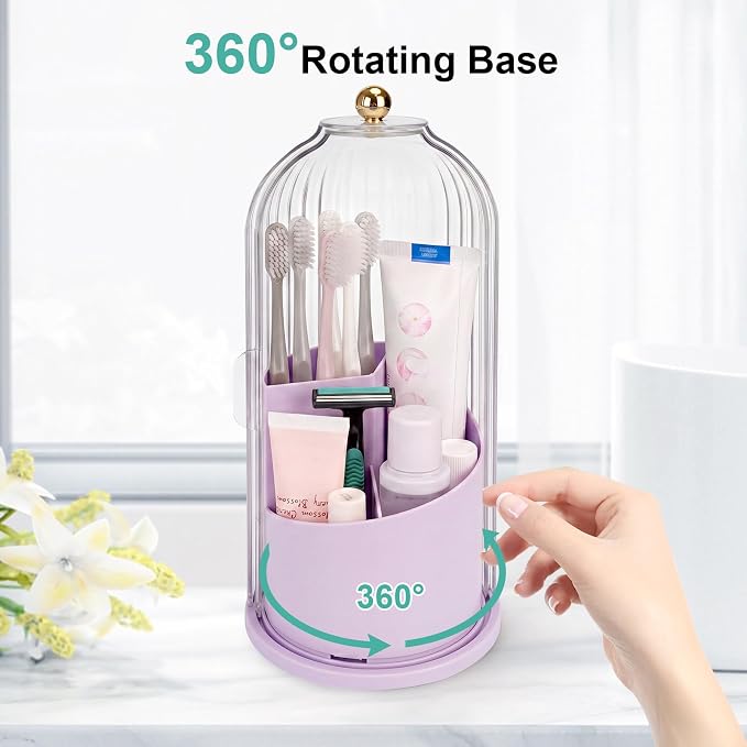 QIYVLOS Toothbrush Holders with Sliding Lid, Rotating 3 Slots Bathroom Organizer Countertop, Tooth Brush Toothpaste Holder Bathroom Counter Stand Sink Organizer for Makeup Brushes Holder (Purple)