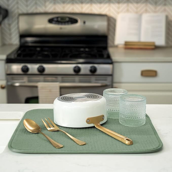 S&T INC. Dish Drying Mat, 16" x 18", Large, Sage Green | Absorbent Microfiber, Kitchen Counter Mat for Dishes, Utensils, Pots and Pans, Machine Washable