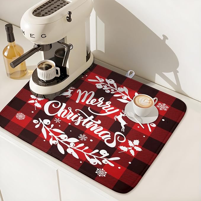 Merry Christmas Dish Drying Mat for Kitchen Counter, Red Buffalo Plaid Kitchen Drying Mat Microfiber Absorbent Dishes Pad Winter Xmas Dish Drainer Rack Mats Fast Dry Kitchen Accessories 16”x18”