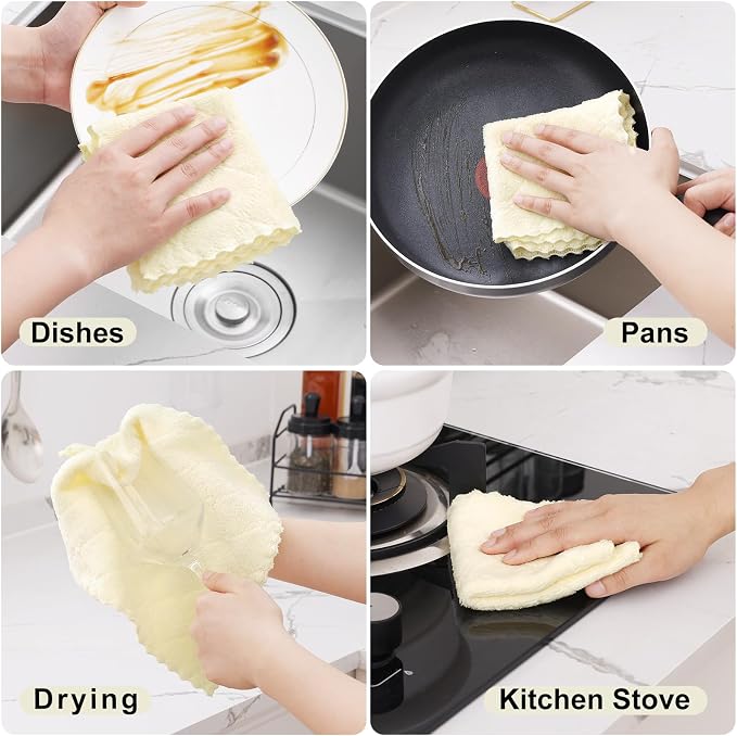Homaxy 12 Pack Kitchen Dish Cloths (10 x 10 Inches, Cream Yellow), Super Soft and Absorbent Coral Velvet Dish Towels, Nonstick Oil Fast Drying Microfiber Cleaning Cloth, No Lint Household Dishcloths