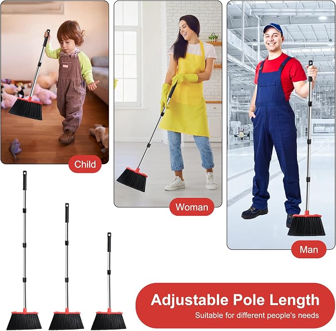 Large Upright Broom and Dustpan, Heavy Duty Dust Pan with 51" Long Handle for Indoor Outdoor Garage Kitchen Room (Black and Red)