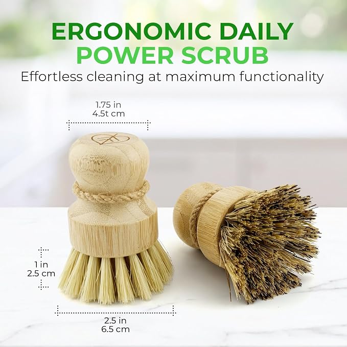 AIRNEX Bamboo Dish Brush Set of 2 - Natural Wooden Dish Scrubber with Sisal & Coconut Bristles - Plastic Free Kitchen Scrub Brush for Dishes, Sink, Pots & Pans - Non Scratch Kitchen Dish Brush