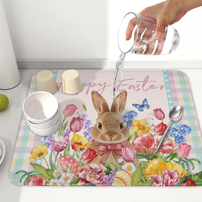 Easter Bunny Dish Drying Mat for Kitchen Counter Happy Easter Rabbit Floral Colorful Buffalo Plaid Microfiber Dish Drainer Mat Absorbent Washable Drying Pad 16"x18"