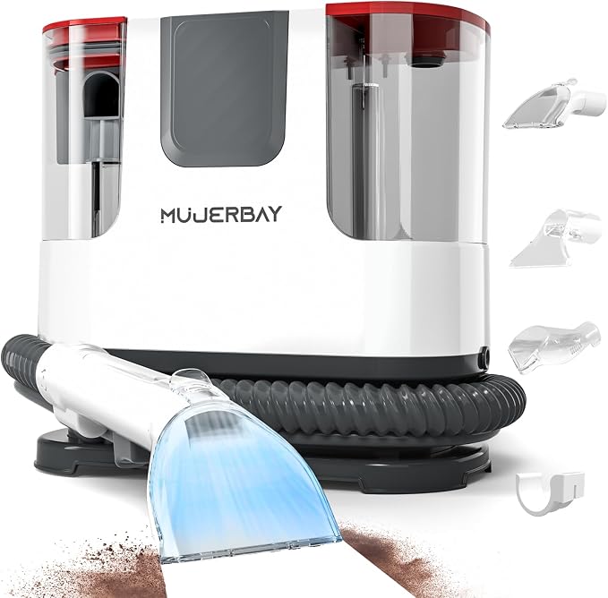 Upholstery Carpet Cleaner, MUJERBAY 12Kpa Portable Spot and Stain Cleaner, Easy Move with Universal Wheels & Handle, 1.23-inch Deep Cleaning Machine for Couch, Stairs, Car and Pet Messes.