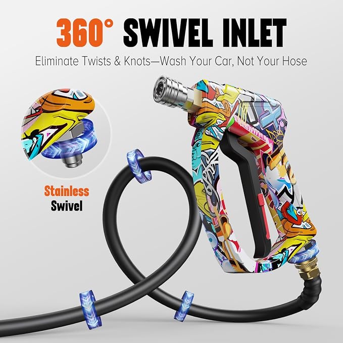 Short Pressure Washer Gun with Swivel, Power Washer Gun | 4000PIS Pressure Washer Wand for Foam Cannon, 3/8" & M22-14mm Connect, 1/4" Quick Connect, Car Washer Gun 5 Spray Nozzle