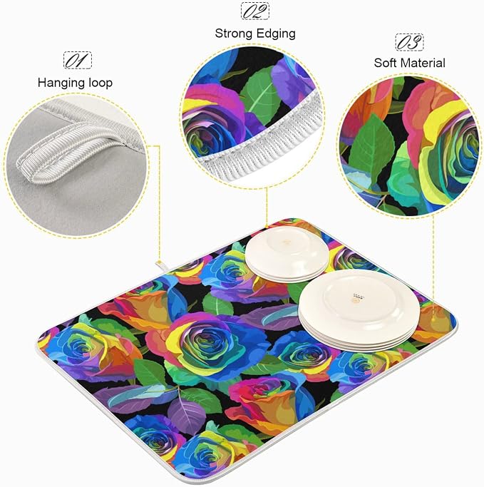 Absorbent Dish Drying Mat for Kitchen Counter - Colorful Rose Vintage Microfiber Drying Pad, Reversible Drainer Mats for Countertop, Small 16 x 18 inch