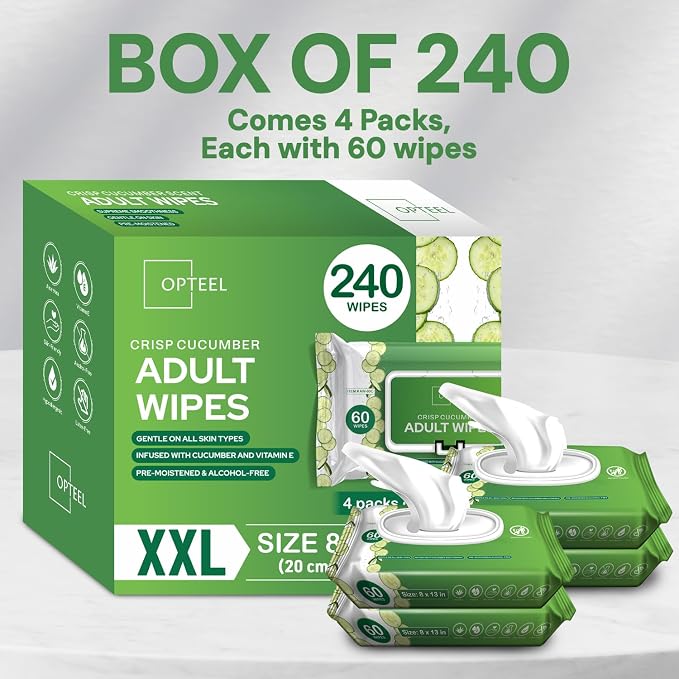 OPTEEL Wipes for Adults – Extra Large 8x13, Scented, Pre-Moistened, 240ct | Rinse-Free, Super Soft, Aloe & Vitamin E Infused Disposable Washcloths for Personal Cleansing & Incontinence Care