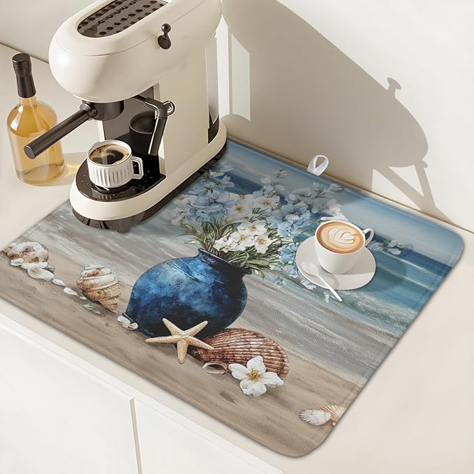 Summer Beach Dish Drying Mat for Kitchen Counter Nautical Coastal Blue Ocean Vase Floral Seashells Microfiber Dish Drainer Mat Absorbent Washable Drying Pad 16"x18"