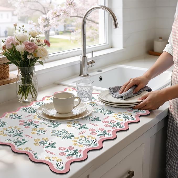 LOKHOM Scalloped Floral Dish Drying Mat, 18"x24" Super Absorbent Coffee Mat with Unique Pink Pastoral Floral, Cuttable Hide Stain Non-slip Drying Mat for Kitchen Counter Coffee Maker Espresso Machine