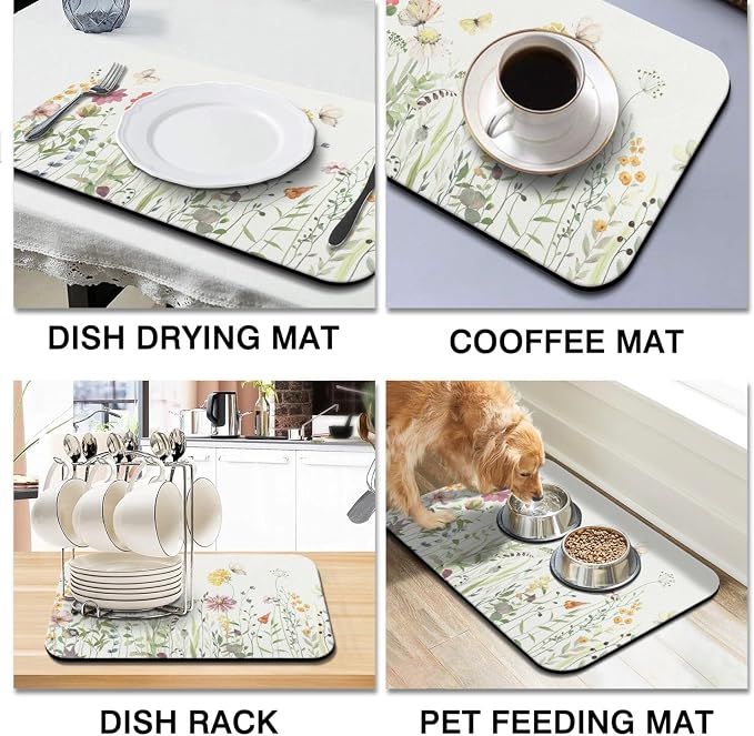 Dish Drying Mat 2-Pack with Floral for Kitchen Counter Absorbent Dishes | Diatom Mud Mats (18x24, 19.5x12"). Non-slip rubber back for kitchen counter, coffee bar & sink scenes