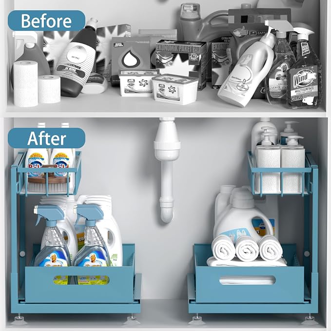 Saydear 2-Pack L-Shaped Under Sink Organizer, 2-Tier Pull-out Cabinet Rack | Teal Height-Adjustable Steel Rack, Sliding Grid Drawers with PP Liners, Holds 100 Lbs, Suction Base, Ideal Kitchen Storage