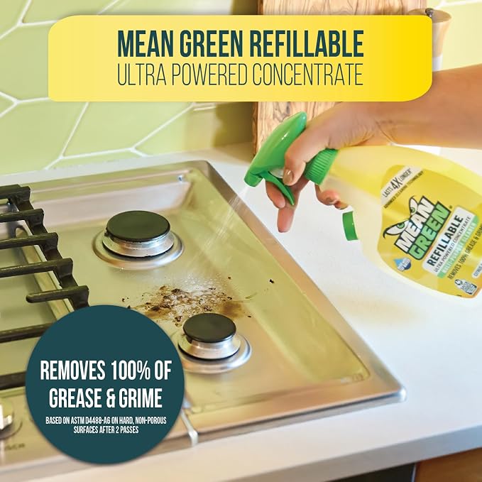 Mean Green Refillable Ultra Powered Multi-Purpose Cleaner Concentrate, Citrus & Green Tea, 14.3 fl oz (2-Pack) – Plant & Mineral Based, Cuts Through Grease & Grime, Refillable Bottle Makes 4X Refills