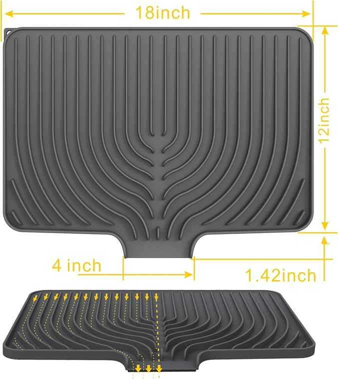 Dish Drying Mat for Kitchen Counter, 18"x12" Dish Drying Rack(gray) | Various Sizes & Colors,Steep-Slope Built in Drain,High-fin Ventilation,Food-grade Silicone,500F heat resistant,for Flat sinks