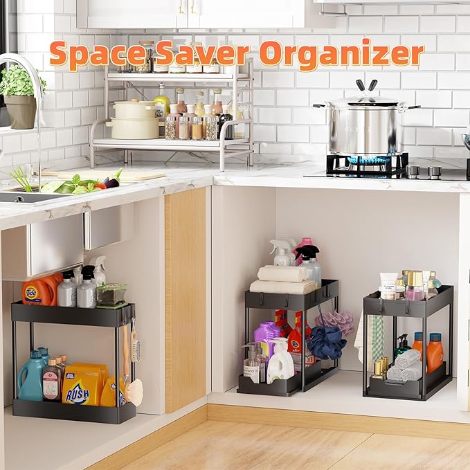 Simple Trending 3 Pack Under Sink Organizer, Pull-Out Cabinet Organizer Drawer, 2 Tier Multi-Purpose Slide Out Storage Shelf for Kitchen Bathroom, Black