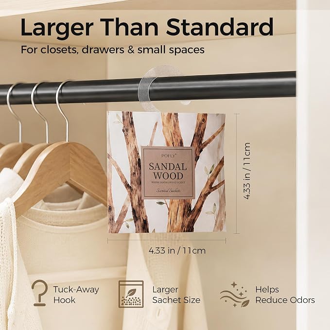 12 Pack Sandalwood Scented Sachets, Air Freshener for Small Spaces | Hanging Sachet Bags with Retractable Hook; Closet Deodorizer & Odor Eliminator for Drawers, Shoe Cabinets, Cars & Luggage