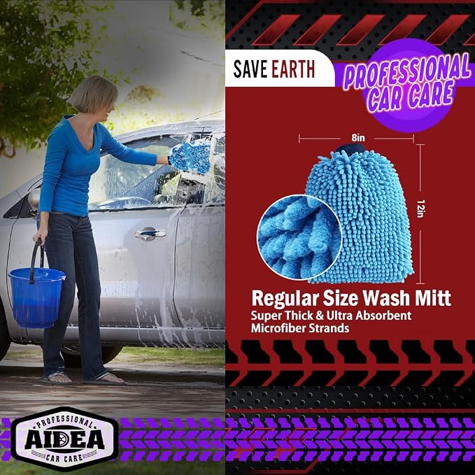 AIDEA Car Wash Mitt Microfiber, 2PK, Car Wash Brush, Blue, 8''X12'' | Scratch Free Lint Free Premium Chenille Microfiber Mitt, Cleaning Supplies, Extra Large Size