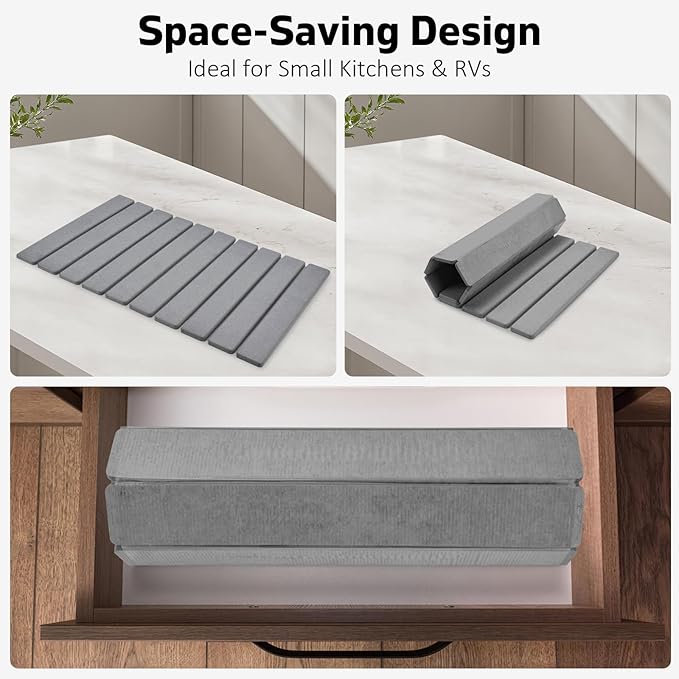 Large Stone Dish Drying Mats for Kitchen Counter, 24"(L)×16"(W) Collapsible Quick Dry Dish Drying Mat, Eco-Friendly Absorbent Diatomaceous Earth Mat for Dishes Bottles Cups, Match Any Countertop
