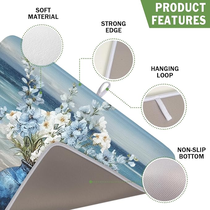Summer Beach Dish Drying Mat for Kitchen Counter Nautical Coastal Blue Ocean Vase Floral Seashells Microfiber Dish Drainer Mat Absorbent Washable Drying Pad 16"x18"