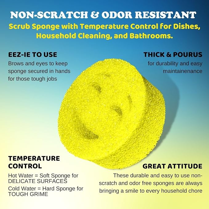 The Original Scrub Moji Scrubbing Sponge by Smilyeez (Set of 3) - Yellow - Temperature-Responsive Polymer Foam, Stain and Odor Resistant, Ideal for Kitchen and Bathroom Cleaning