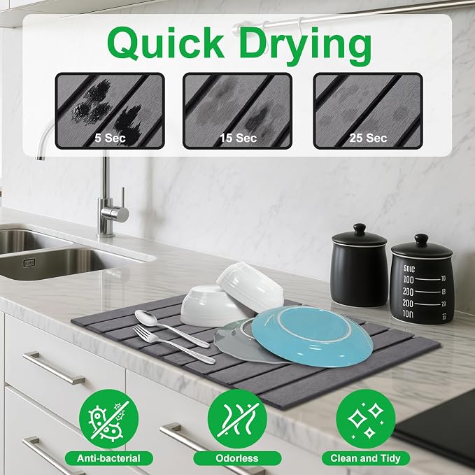cuomaop Stone Drying Mat for Kitchen Counter Large, Foldable Quick Dry Diatomaceous Earth Mat for Dishes Bottles Cups, Absorbent Collapsible Stone Dish Drying Mat for Countertop Bathroom 23" x 15.3"
