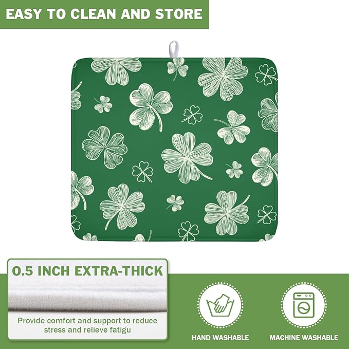St Patrick's Day Dish Drying Mat 16 x 18 Inch Green Shamrock Dish Drainer Rack Mat Absorbent Microfiber Mats for Spring Lucky Clovers Dish Pad for Kitchen Coffee Bar Decor