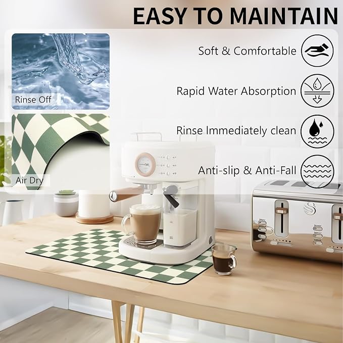 Dish Drying Mat for Kitchen Counter,11.8"x 18.9" Super Absorbent Kitchen Dish Drying Pad, Coffee Bar Mat with Rubber Backed, Coffee Bar Accessories for Countertop,Green Checkered