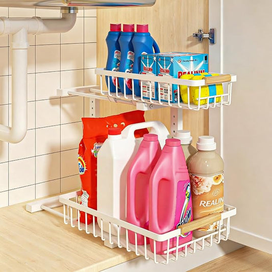 REALINN Under Sink Organizer, Height Adjustable Under Sink Organizers and Storage, 2 Tier Pull Out Drawer Cabinet Storage for Kitchen Bathroom, 1 Pack, White
