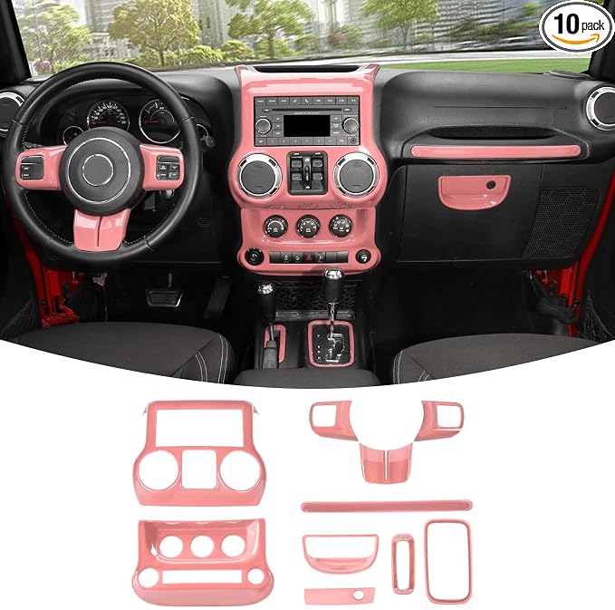 RT-TCZ for Jeep JK Interior Trim Kit Pink, JKU Center Console Dashboard Panel Trim Cover for Jeep Wrangler JK JKU 2011-2017 Pink Interior Accessories 10pcs