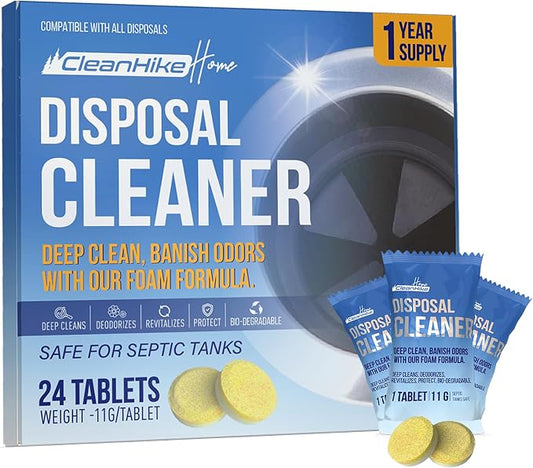 CleanHike Garbage Disposal Cleaning Deodorizer Tablets - (24 Pack), Super Fresh Lemon Foam Deep Cleaning Action Sink, Garburator, Disposer Freshener, Natural Kitchen Drain Care - 1 Year Supply