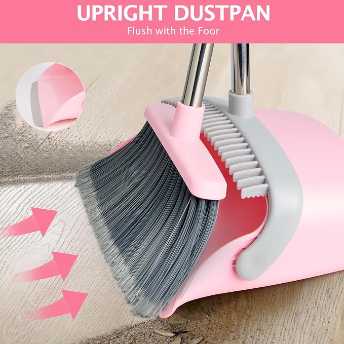 2-Pack Broom and Dustpan Combo Set,51" Long Handle,Grey Pink | Standing Dustpan, Heavy Dust,House Accessories for Home, Kitchen, Office, Pet Hair
