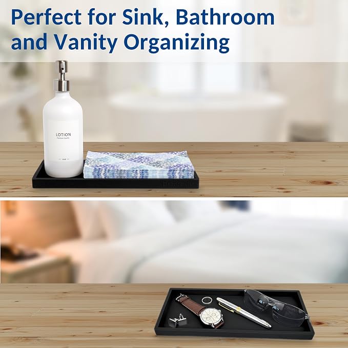 Spacewiser Countertop and Vanity Tray - 11.7" Silicone Bathroom Counter Tray, Dish Soap Trays for Kitchen Counter, Organizer Accessories Caddy, Toothbrush Toilet Laundry Shower Oil Makeup Mat, Black