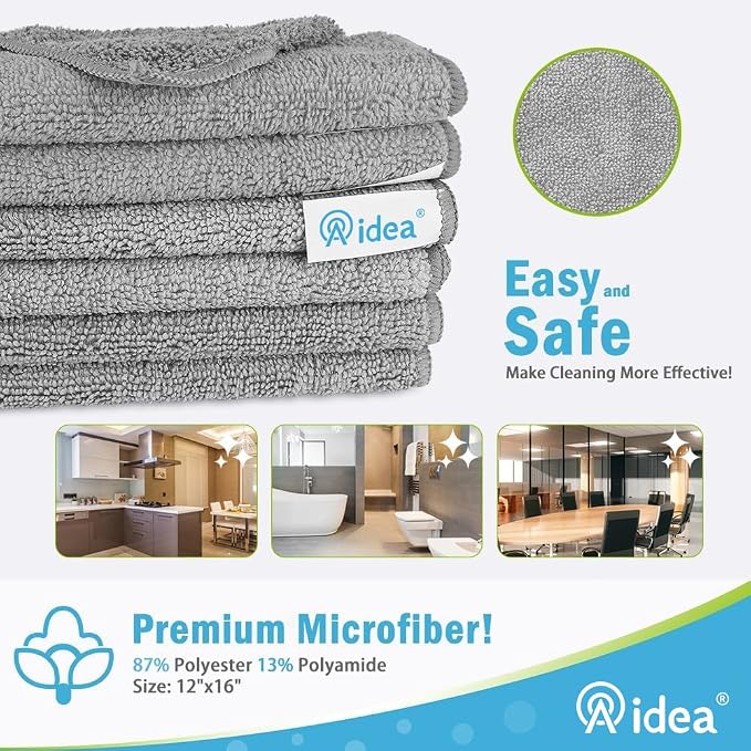 AIDEA Gray Microfiber Cleaning Cloth-8PK, Microfiber Towel for Cars 12"x16" | Absorbent Cleaning Rags Lint Free, Reusable Microfiber Towels, Absorbent Kitchen Towel Dusting Cloth, Bulk Dish Rags for Home