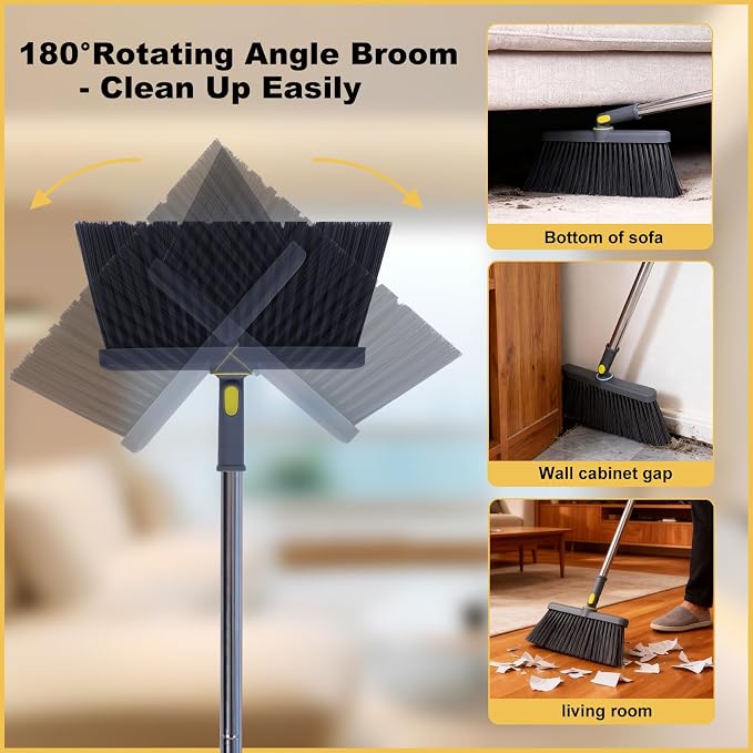 Heavy Duty Broom and Standing Dustpan Combo Set, Rotatable Head Dust Pan and Brush Set with Collapsible Handle, Cleaning Teeth, Hanging Loop, Ideal for Pets, RV, Kitchen, Camping, Outdoor Floor, Gray