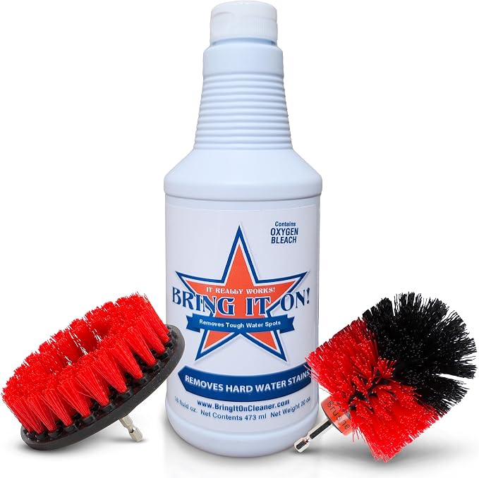 Bring It On Cleaner Hard Water Stain Remover + Grout Brush Cleaner Drill Brush Set, Shower Door, Tile Floor Cleaner, Great Baseboard Cleaner Tool Attachment 16 Fl Oz