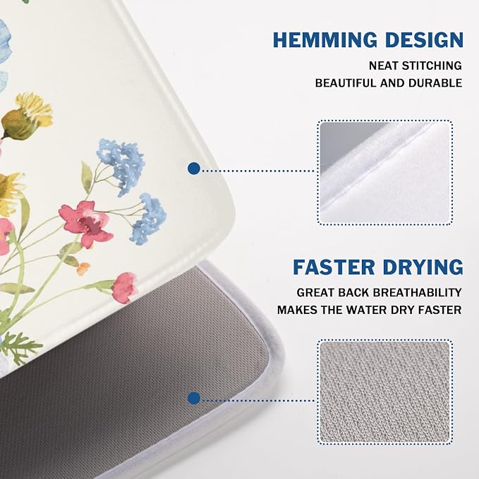 Botanical Floral Dish Drying Mat for Kitchen Counter 18x24 Inch | Wildflower，Polyester，Absorbent Microfiber，for Kitchen Coffee Dining Bar Decor