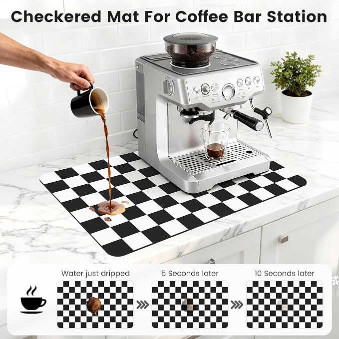 Checkered Dish Mat for Kitchen Coffee Station, 16" x 24" Black | Quick Drying & Absorbent Mat for Coffee Bar Espresso Machine Countertops Accessories
