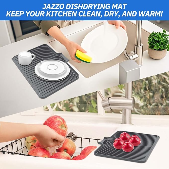 Dish Drying Mat for Kitchen Counter, with Built-in Drain Lip, Food-Grade Silicone, Easy Clean Pad for Countertop Protection, Multi-Functional Use (14.7x10.2, Grey)