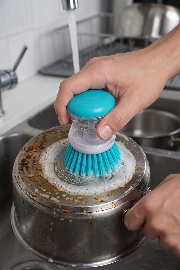 Soap Dispensing Palm Brush, Blue, Easy-Fill Scrubber for Kitchen & Home Cleaning, Pack of 1, Hampton Distribution