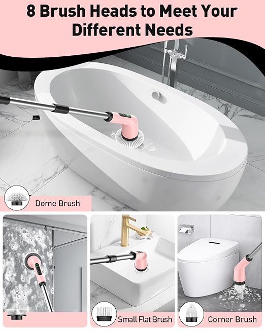Shower Scrubber with Long Handle, Shower Cleaner Brush with 8 Floor Machine Pads, Cordless Electric Spin Scrubber for Cleaning with 2 Speed, Cleaning Supplies for Bathroom Bathtub Kitchen Floor Toilet