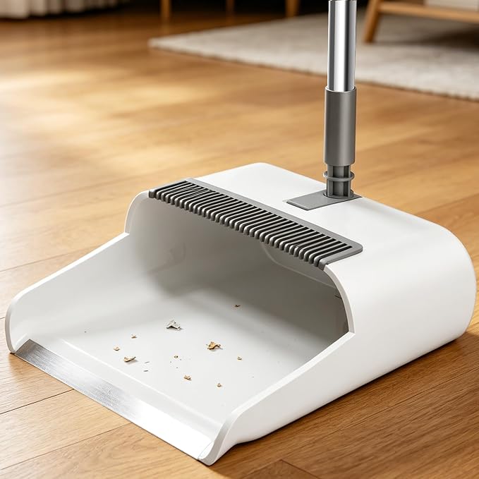 Household 53'' Broom and Dustpan Combo Set, Extra Long Handle Broom and ZeroGap Dustpan Sets with Teeth, Upright Storage Broom and Dustpan Sets for Home and Kitchen Off White