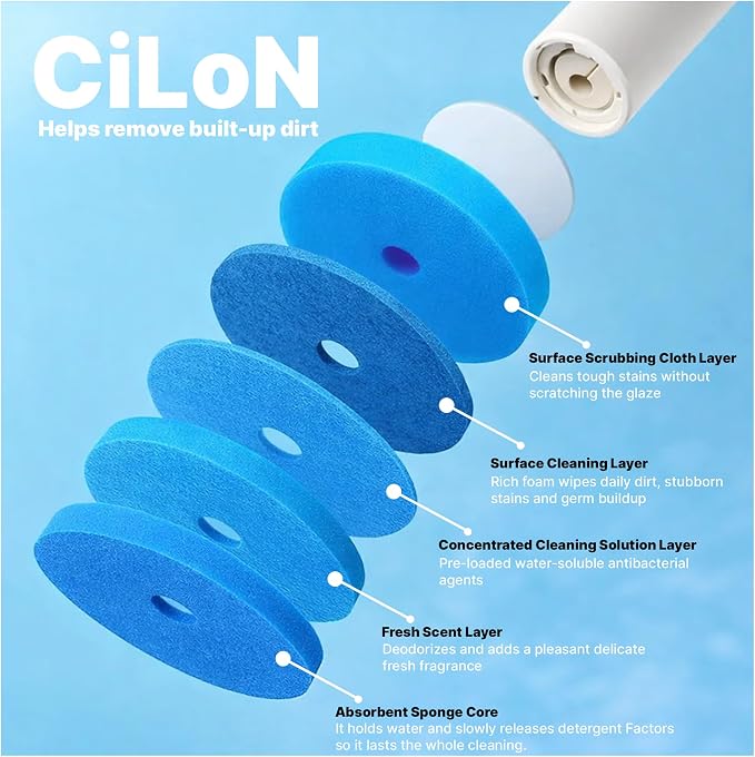 CiLoN 24 Pack Auto-Open Lid Disposable Toilet Bowl Brush & Holder Refills | Wall-Mounted Disposable Toilet Cleaning Set For Touch-Free Space-Saving Hygienic Modern Bathrooms (Ocean Breeze + 24 Sponge)