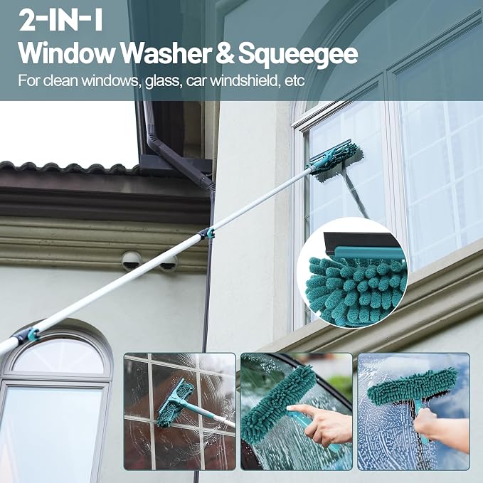 TelesPro 30 Foot High Reach Duster Kit with 6-24FT Extension Pole High Ceiling Dusting and Window Cleaning Kit with Telescopic Pole Window Washer&Squeegee,Cobweb Duster,Fan Duster and Feather Duster