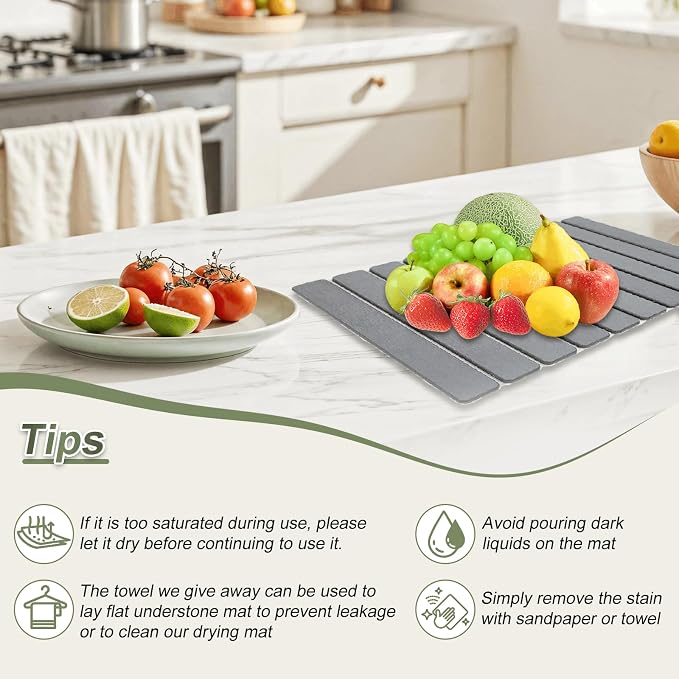 Dish Drying Mat Large Stone Dish Drying Mat For Kitchen Counter Collapsible Quick-Drying Sleek Diatomaceous Versatile Stone Drying Mats For Cups Dishes Bottles Marble (gray, 16''X24'')