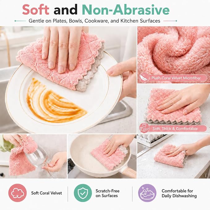 kimteny 12 Pack Dish Cloths for Washing Dishes, Super Absorbent Microfiber Kitchen Dish Rags, Fast Drying Coral Velvet Dish Cloths for Kitchen Counter and Dishes (Pink-Grey)