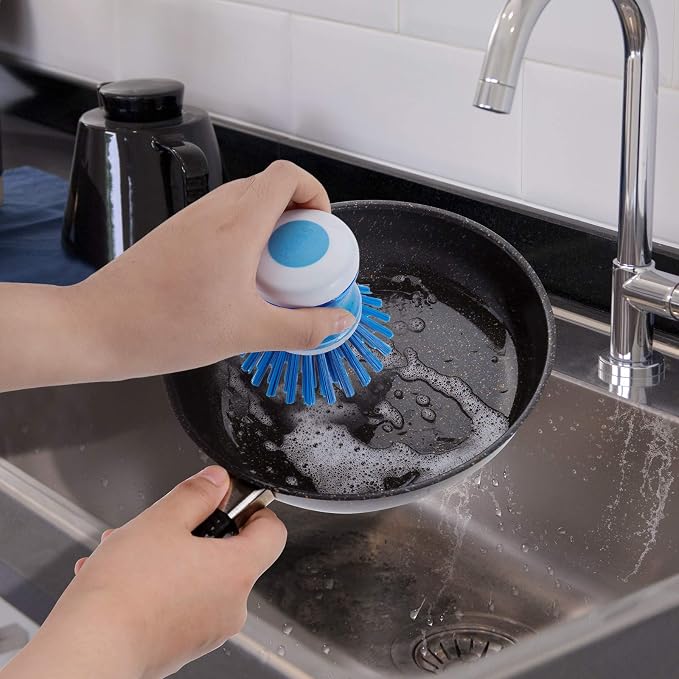 Dish Brush with Soap Dispenser, Stiff Bristles Dish Scrubber for Pots, Pans & Sink Cleaning, 2 Pack