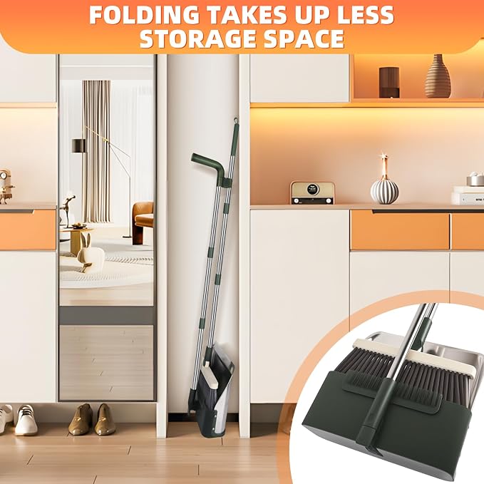 Broom with Dustpan Combo Set, Lightweight Standing Metal Dust Pan with Teeth, Home Essentials Suitable for Home Kitchen Lobby Room Office, Green