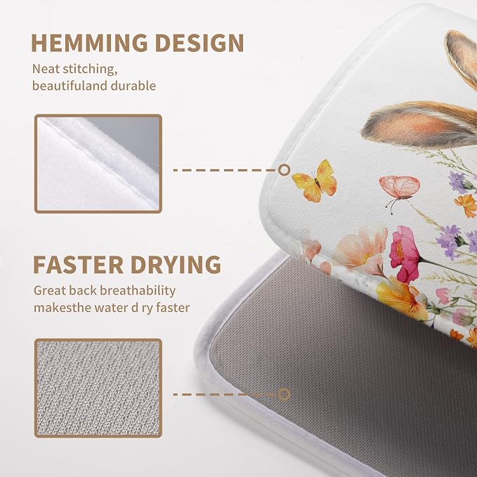 Spring Easter Dish Drying Mat for Kitchen Counter Easter Bunny Rabbit Eggs Flowers Dishes Drainer Mats 16x18 Microfiber Absorbent Medium Dish Drying Pad for Kitchen Countertop Tableware Decor