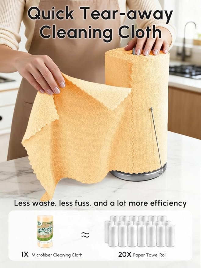 Microfiber Cleaning Cloths Roll, 75 Pack Tear Away Microfiber Towels Roll, 12" x 12" Lint Free Rags, Reusable Cleaning Cloths, Washable, Scratch Free,Ultra Absorbent Dish Rags(Orange)