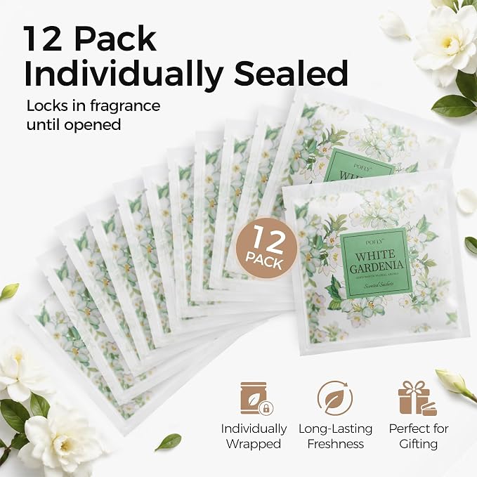 12 Pack Gardenia Scented Sachets, Air Freshener for Home&Small Spaces | Hanging Sachet Bags with Retractable Hook; Closet Deodorizer & Odor Eliminator for Drawers, Shoe Cabinets, Cars & Luggage
