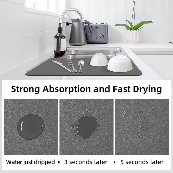 LOPNUR Kitchen Dish Drying Mat, 18"x16" Small Dish Drying Mats for Kitchen Counter, Diatomite Coffee Mat, Super Absorbent Dish Drying Pad, Heat Resistant Mat with Anti-slip Rubber Backed, Grey